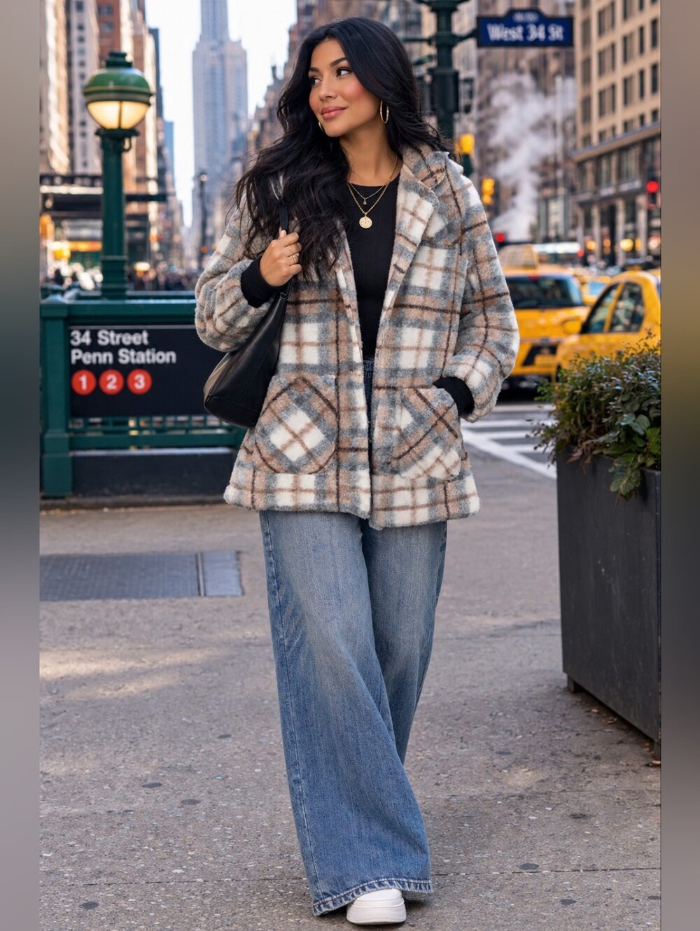 Blank NYC Plaid Teddy Jacket in Beige, Gray & White Oversized